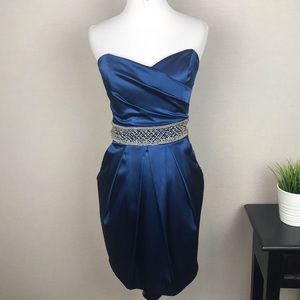 B Darlin Royal Blue Satin Strapless Beaded Cocktail Dress 3/4 EUC